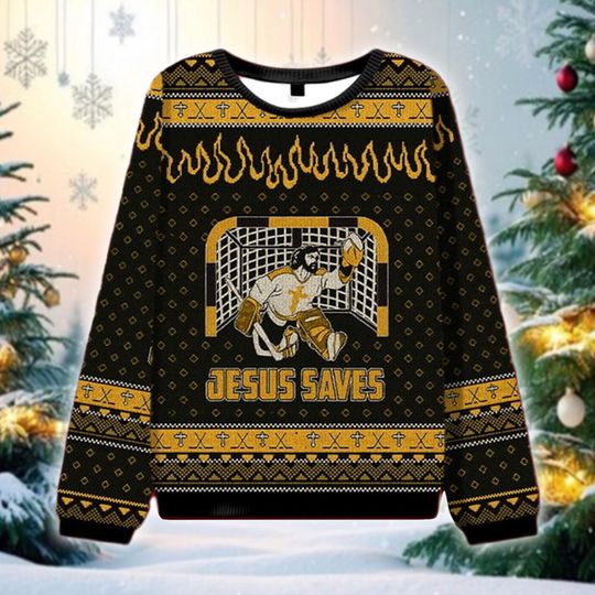 Jesus Saves Hockey Goalie Ugly Christmas Sweater, Funny Sports Religious Holiday Sweatshirt, Game Day Gift