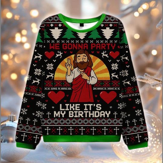 Discover Jesus Party Like It's My Birthday Ugly Christmas Sweater, Funny Religious Holiday Sweatshirt, Xmas Gag Gift