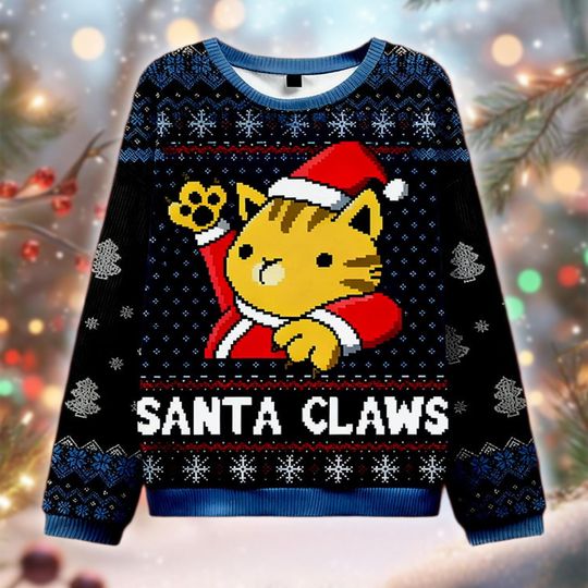 Santa Claws Ugly Christmas Sweater, Funny Cat Xmas Jumper, Cute Kitty Holiday Pullover, Cat Lover Gift