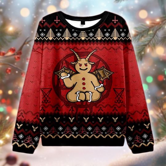 Gingerbread Baphomet Christmas Ugly Sweater, Gothic Holiday Jumper, Funny Dark Xmas Knit, Occult Ugly Sweater, Christmas Gift
