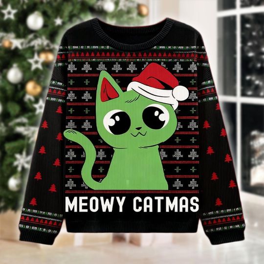 Discover Meowy Catmas Ugly Christmas Sweater, Funny Cat Christmas Gift, Holiday Sweatshirt, Xmas Outfit, Cat Mom Gift