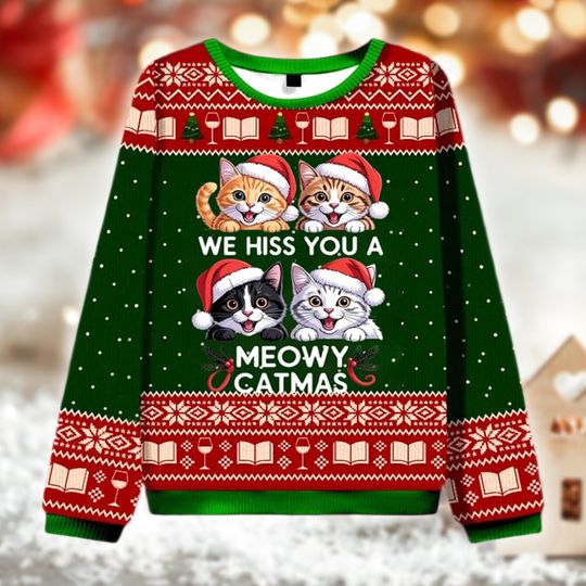 Discover We Hiss You A Meowy Catmas Sweater, Funny Cat Lover Christmas Jumper, Cute Kitty Holiday Knit, Festive Ugly Xmas Sweater, Pet Owner Gift