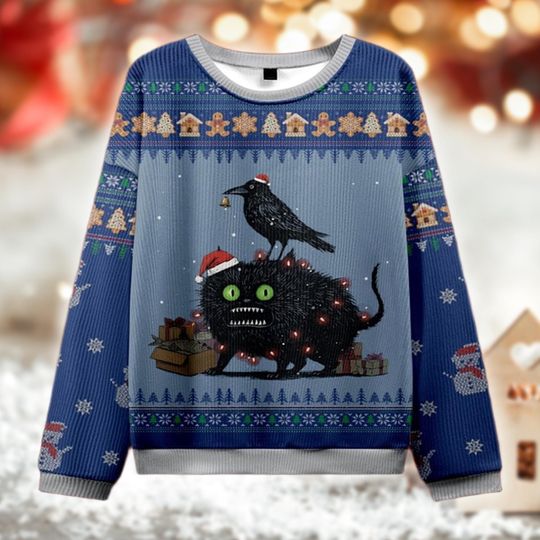 Discover Black Cat and Raven Christmas Sweater, Funny Gothic Holiday Jumper, Creepy Cute Xmas Knit, Quirky Ugly Sweater, Dark Festive Gift