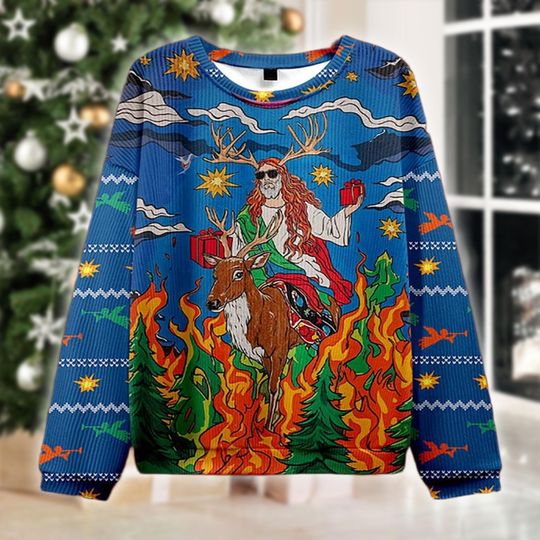 Badass Jesus Riding Deer Ugly Christmas Sweater, Funny Christian Gift, Holiday Sweatshirt, Xmas Outfit, Blue Sweater