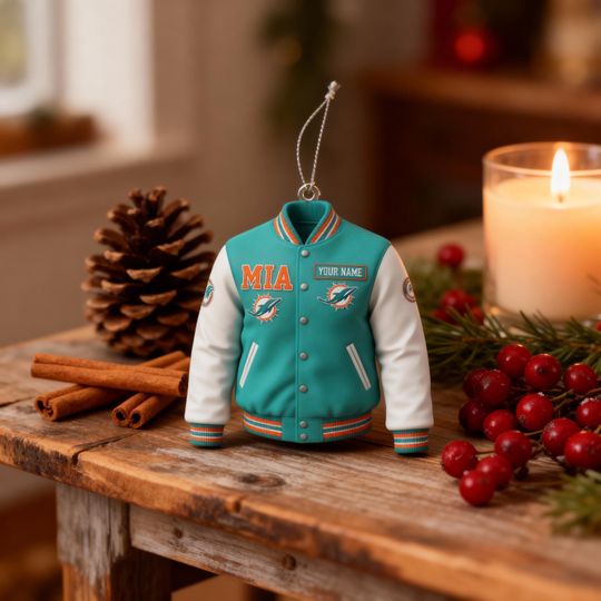 Miami Dolphins Varsity Jacket Ornament, Custom Name Christmas Gift, Football Fan Tree Decor, Personalized football Ornament 2025