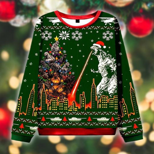 god zilla Laser Beam Ugly Christmas Sweater, Funny Monster Christmas Gift, Holiday Sweatshirt, Xmas Outfit