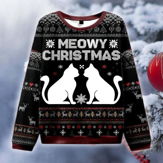 Meowy Christmas Cat Lover Ugly Sweater, Funny Feline Christmas Gift, Holiday Sweatshirt, Xmas Outfit, Cat Mom Gift