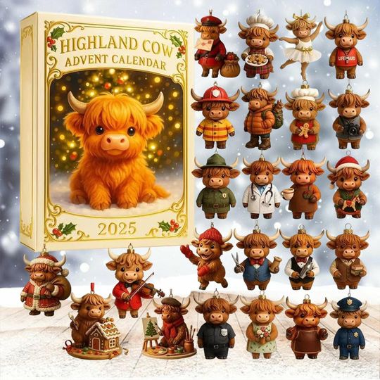 Discover Highland Cow Advent Calendar 2025, Farm Animal Christmas Countdown Box, 24-Day Rustic Farmhouse Holiday Decor