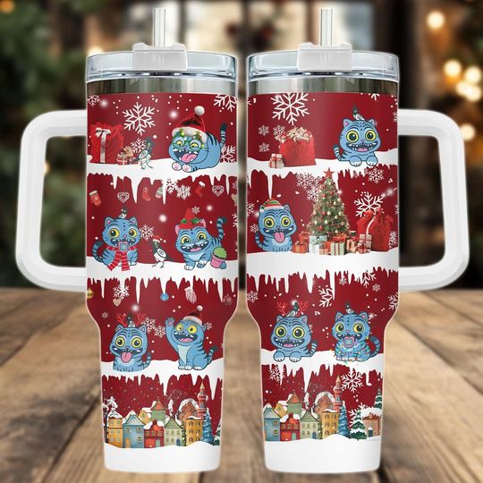 Christmas Demon Tiger 40oz Tumbler, Blue Tiger Tumbler, Demon Hunter Tumbler With Handle, Holiday Tumbler for Kids, Xmas Gift