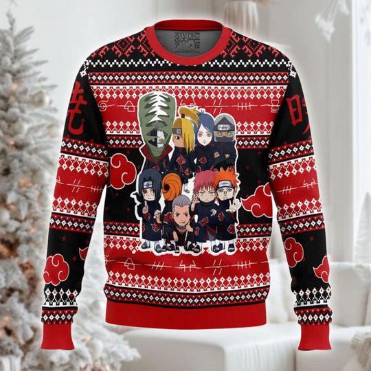 Discover Anime Villain Team Christmas Ugly Sweater, Red Cloud Xmas Gift, Funny Ninja Group Jumper, Manga Fan Ugly Outfit