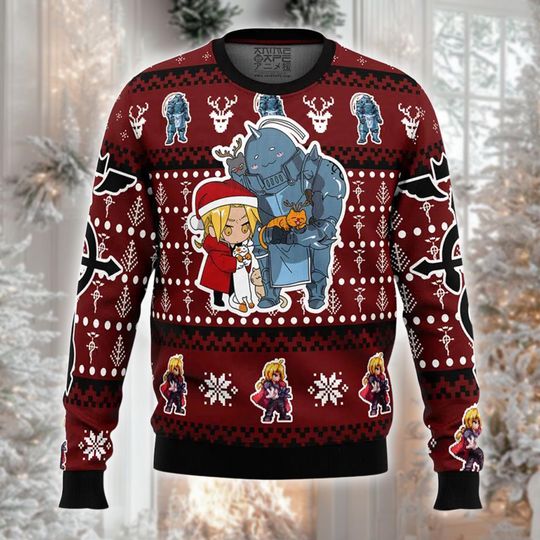 Anime Alchemist Christmas Ugly Sweater, Metal Suit Xmas Gift, Brotherhood Holiday Jumper, Funny Manga Fan Ugly Outfit