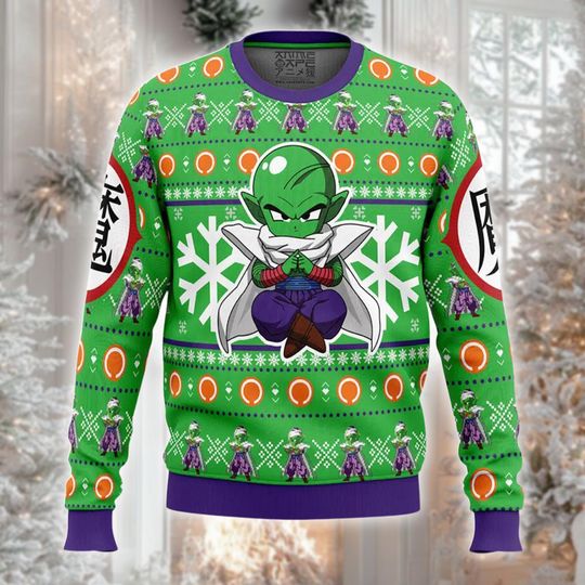 Anime Green Alien Christmas Ugly Sweater, Funny Namekian Xmas Gift, Manga Fan Holiday Jumper, Space Warrior Ugly Outfit