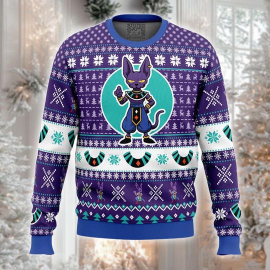 Anime Cat God Christmas Ugly Sweater, Funny Destroyer Xmas Gift, Manga Fan Holiday Jumper, Beerus Ugly Outfit