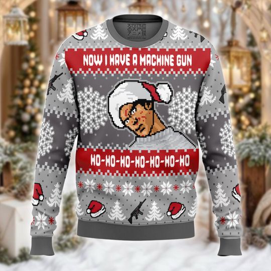 Machine Gun Ho Ho Ho Ugly Christmas Sweater, Action Movie Holiday Jumper, Yippee Ki Yay Xmas Gift, Christmas Crewneck for Film Fan