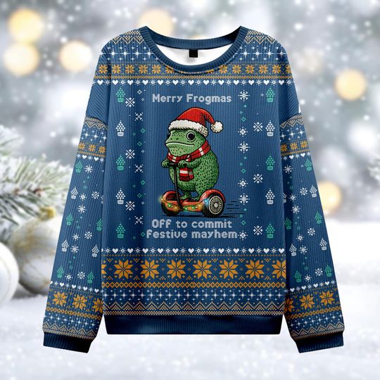 Merry Frogmas Ugly Christmas Sweater, Funny Frog on Segway Jumper, Festive Mayhem Holiday Gift, Cute Animal Xmas Crewneck Top, Novelty Shirt