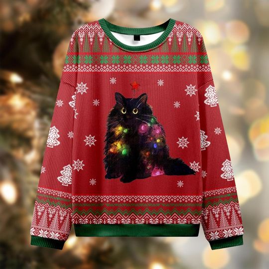Black Cat Christmas Ugly Sweater, Tangled in Lights Jumper, Fluffy Kitten Xmas Gift, Funny Cat Lover Holiday Shirt, Red Crewneck Pullover