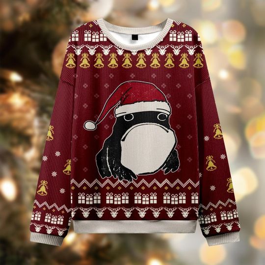 Discover Black Rain Frog Christmas Ugly Sweater, Grumpy Frog Meme Holiday Jumper, Funny Animal Xmas Gift, Cute Amphibian Party Shirt, Maroon Crewneck