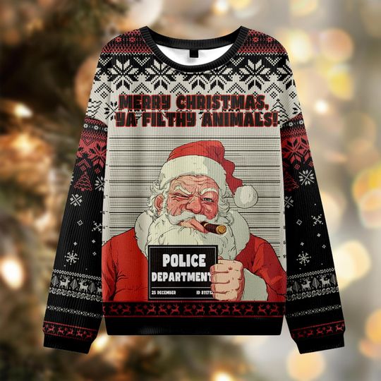 Merry Christmas Ya Filthy Animals Ugly Sweater, Santa Mugshot Ugly Jumper, Home Alone Xmas Gift, Funny Adult Holiday Party Shirt