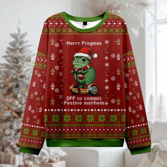 Merry Frogmas Ugly Christmas Sweater, Funny Frog on Segway Jumper, Festive Mayhem Holiday Gift, Cute Animal Xmas Sweater