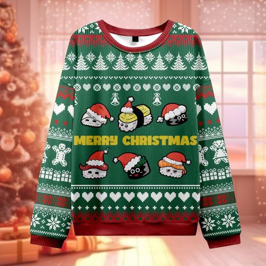 Discover Merry Christmas Sushi Ugly Sweater, Cute Japanese Food Jumper, Kawaii Sushi Roll Xmas Gift, Holiday Party Crewneck, Green Nigiri Pullover