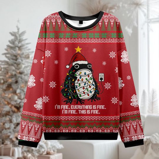 I'm Fine Frog Christmas Ugly Sweater, Grumpy Rain Frog Lights Jumper, Funny Meme Xmas Gift, Sarcastic Holiday Crewneck, Animal Party Shirt