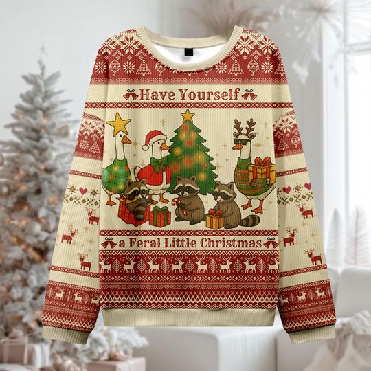 Discover Have a Feral Little Christmas Ugly Sweater, Funny Raccoon Goose Ugly Jumper, Weird Animal Xmas Gift, Holiday Party Gift