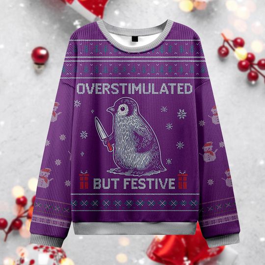 Discover Overstimulated But Festive Christmas Ugly Sweater, Funny Penguin Knife Jumper, Sarcastic Xmas Party Gift, Weird Animal Holiday Crewneck