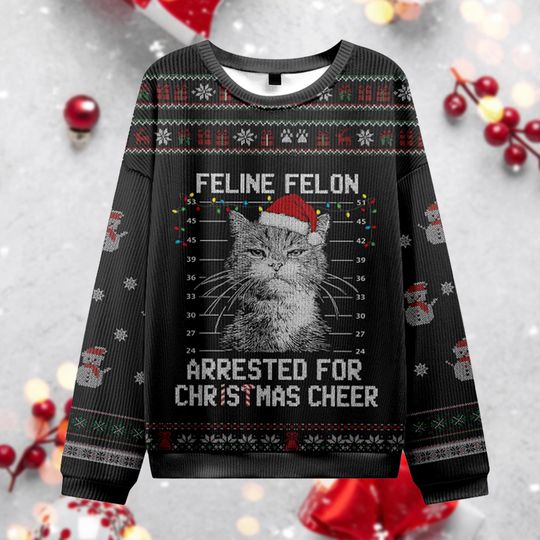 Feline Felon Christmas Ugly Sweater, Cat Mugshot Ugly Jumper, Arrested for Cheer Xmas Gift, Funny Pet Lover Holiday Shirt
