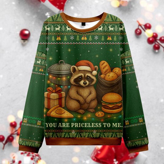 Priceless Raccoon Christmas Ugly Sweater, Funny Trash Panda Ugly Jumper, Fast Food Xmas Gift, Cute Animal Holiday Crewneck