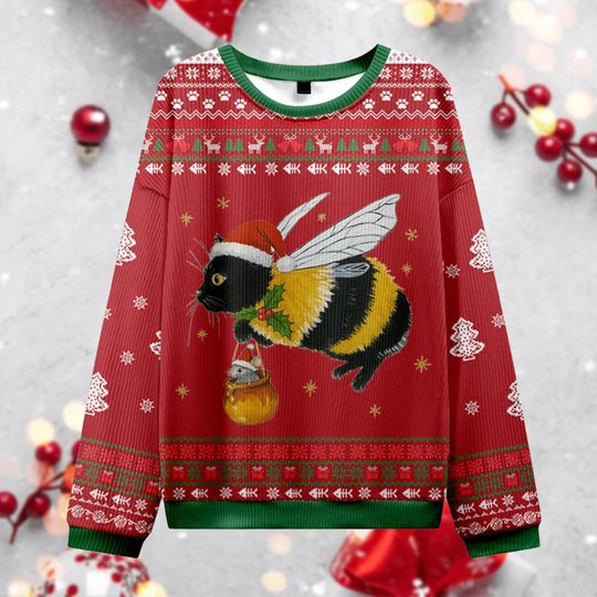 Discover Bumblebee Cat Christmas Ugly Sweater, Funny Bee Kitten Jumper, Cute Pet Lover Xmas Gift, Weird Animal Holiday Party Crewneck