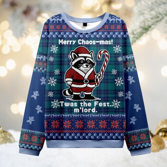 Merry Chaos-mas Raccoon Ugly Sweater, Funny Trash Panda Ugly Jumper, Twas The Fest Xmas Gift, Holiday Party Shirt, Animal Lover Crewneck