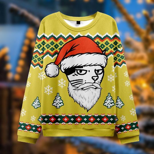 Grumpy Santa Cat Face Ugly Sweater, Funny Cat Beard Ugly Jumper, Sarcastic Pet Lover Xmas Gift, Unique Holiday Party Crewneck