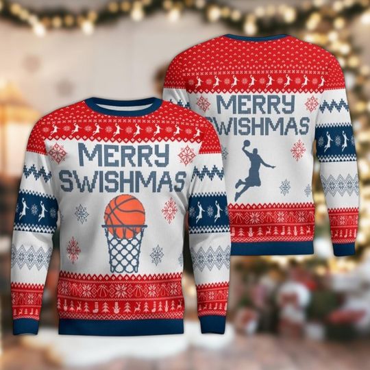 Discover Merry Swishmas Basketball Ugly Sweater, Funny Ugly Christmas Jumper, Sports Fan Holiday Gift, Hoops Xmas Party Pullover, Baller Apparel