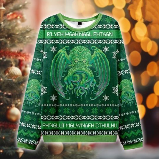 Cthulhu Xmas Ugly Christmas Sweater, Lovecraftian Holiday Sweater, Green Monster Sweater, Gift Idea, Horror Festive Pullover