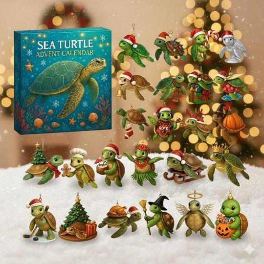 Discover Sea Turtle Advent Calendar 2025 Acrylic Christmas Ornament Set, 24 Ocean-Themed Miniatures, Coastal Marine Holiday Gift