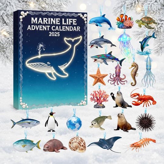 Marine Life 24 Acrylic Ornaments Advent Calendar 2025, Ocean Animal Figurine Set, Sea Creature Christmas Countdown Gift