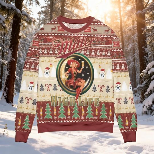 High Life Girl in the Moon Ugly Christmas Sweater, Champagne of Beers Retro Holiday Pullover, Adult Xmas Drinking Party Jumper