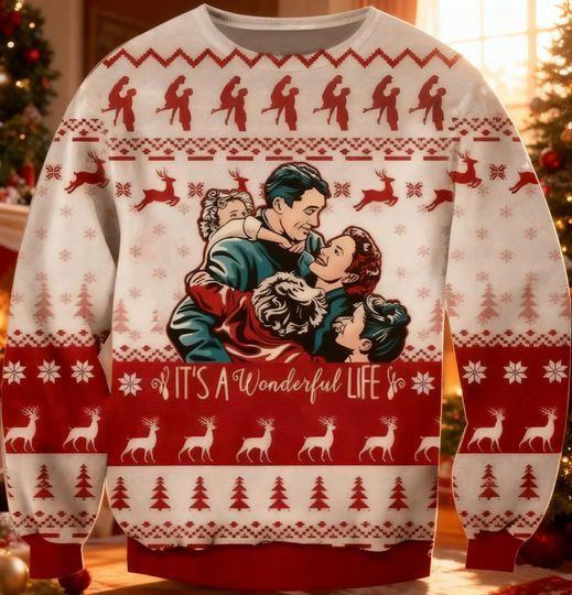 Discover Wonderful Life Christmas Sweater, Classic Holiday Movie Jumper, George Bailey Family Knit, Vintage Xmas Film Gift, Festive Deer Sweater