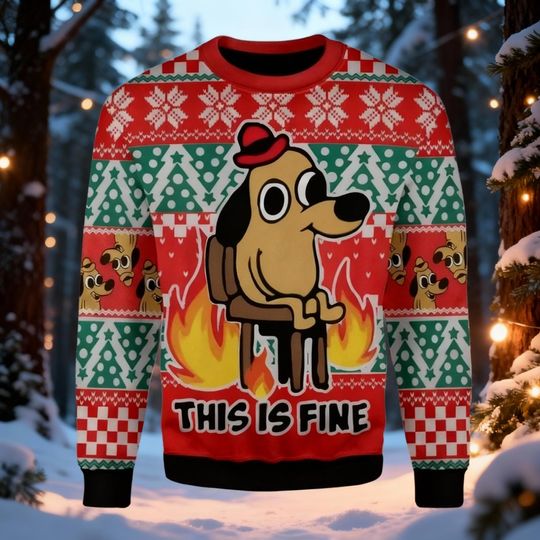 Discover Dog in Fire Meme Ugly Christmas Sweater, This is Fine Internet Humor Sweater, Comic Dog Xmas Party Jumper, Funny Anxiety Gift