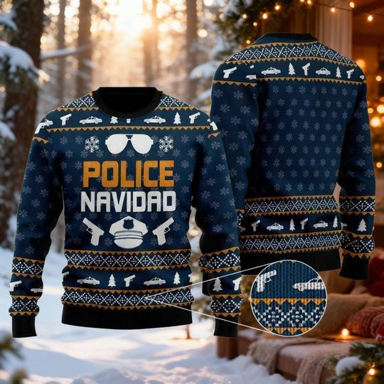 Police Navidad Christmas Sweater, Funny Cop Xmas Jumper, Law Enforcement Holiday Gift, Officer Themed Party Knit, Thin Blue Line Pullover