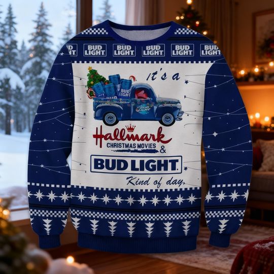Cozy Romantic Movie Light Beer Sweater, Blue Vintage Truck Christmas Jumper, Funny Holiday Drinking Ugly Xmas Sweatshirt, Gift for Her