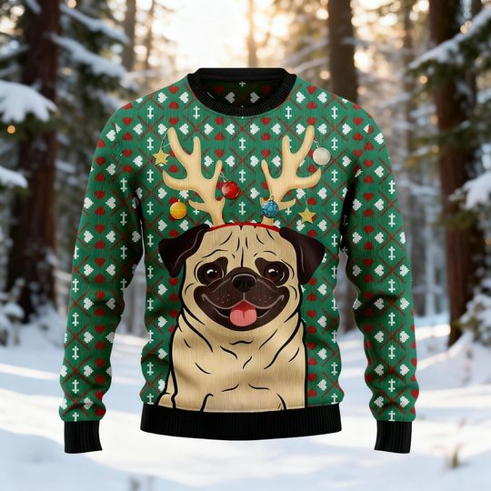 Pug Dog Ugly Christmas Sweater, Funny Reindeer Antlers Xmas Jumper, Cute Animal Pet Owner, Gift for Her, Green Dog Lover Holiday Sweatshirt