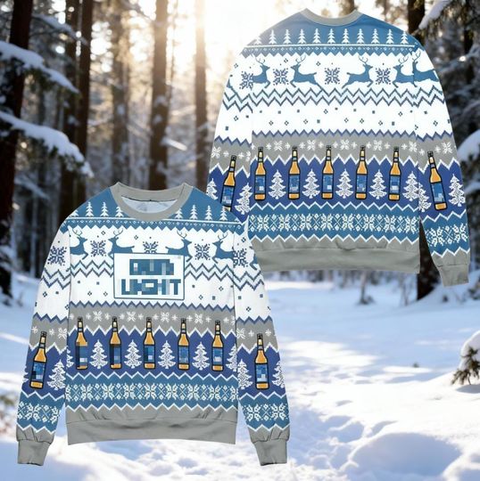 Discover Blue Light Beer Christmas Sweater, Reindeer Winter Ugly Xmas Jumper, Bottle Pattern Holiday Sweatshirt, Funny Drinking Gift for Beer Lover