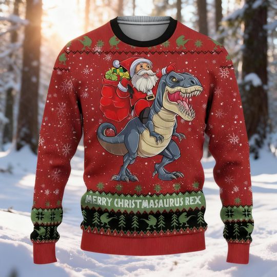 Merry Christmasaurus Rex Ugly Sweater, Funny T Rex Dinosaur Christmas Jumper, Santa Riding Dino Holiday Gift, Kids & Adult Xmas Apparel