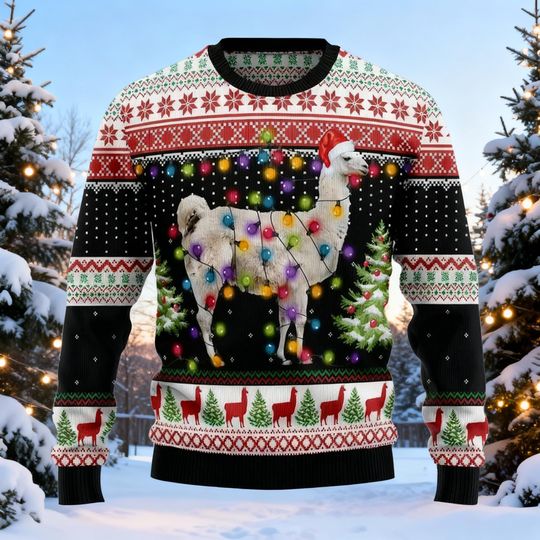 Discover Funny Llama Ugly Christmas Sweater, Alpaca Christmas Lights Jumper, No Probllama Holiday Gift, Christmas Party Apparel, Animal Lover Xmas