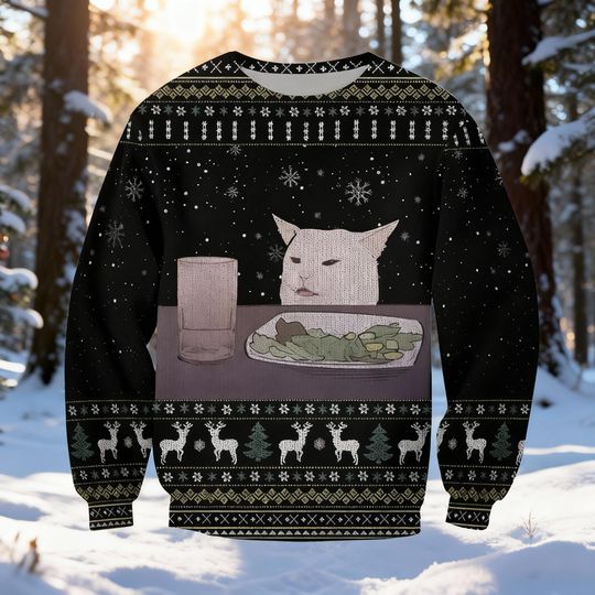 Smudge Cat Meme Christmas Sweater, Woman Yelling Ugly Sweatshirt, Confused Cat Holiday Jumper, Funny Cat Lover Gift, Viral Internet Meme