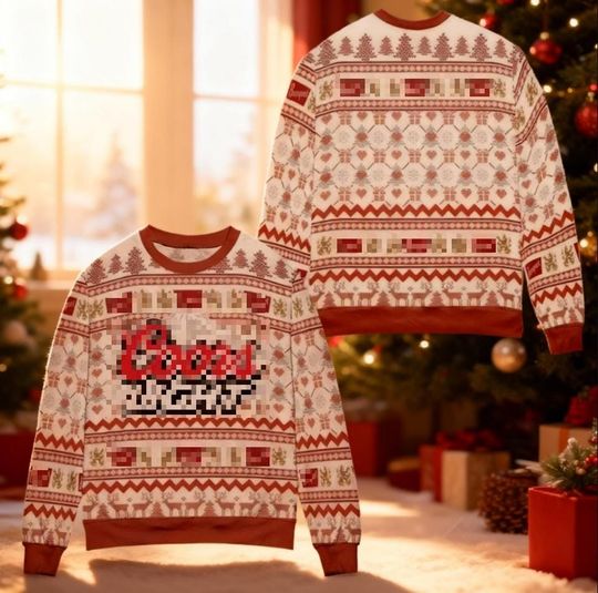 Mountain Light Beer Christmas Sweater, Red White Holiday Ugly Xmas Jumper, Funny Drinking Crew Gift for Him, Banquet Beer Pattern Sweatshirt