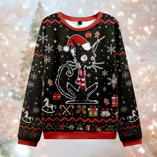 Discover Cute Black Cat Ugly Christmas Sweater, Gothic Kitty Jumper, Rocking Horse Xmas Gift, Black Magic Lover Sweatshirt, Unique Pet
