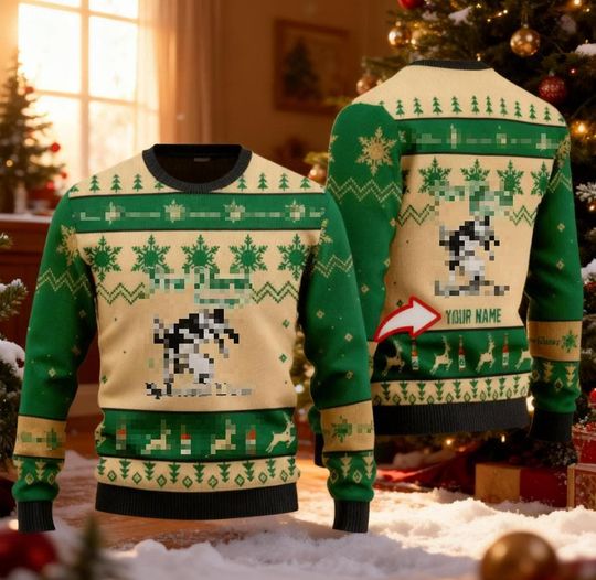 Spotted Animal Beer Christmas Sweater, Custom Name Holiday Crewneck, Wisconsin Brew Fan Gift, Cow Print Ugly Xmas Top, Funny Drinking Shirt