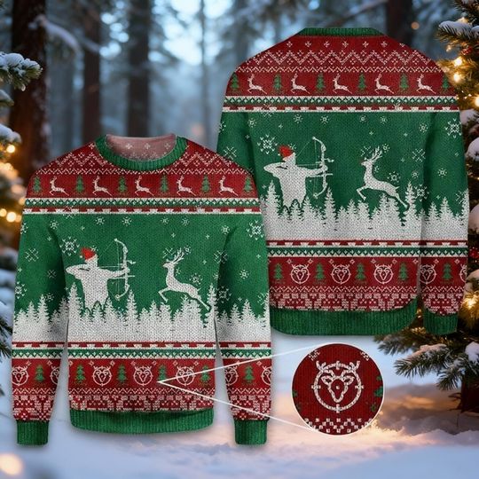 Discover Hunter Christmas Sweater, Archer Reindeer Holiday Crewneck, Hunting Fan Ugly Xmas Top, Red Green Fair Isle Shirt, Bow Hunter Gift